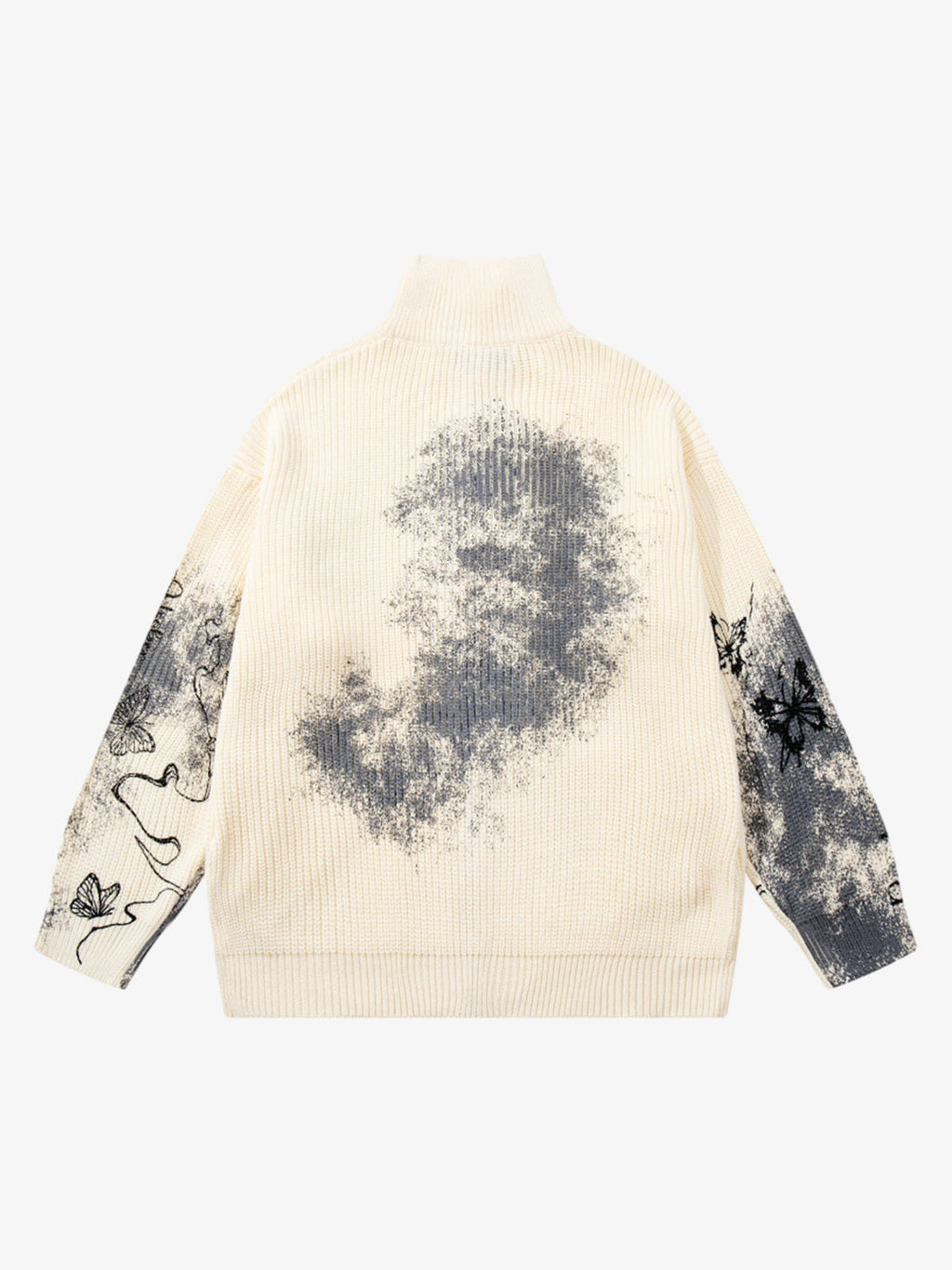 Ink-Splashed Butterfly Jacquard Zip Knit Sweater