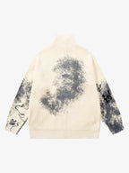 Ink-Splashed Butterfly Jacquard Zip Knit Sweater