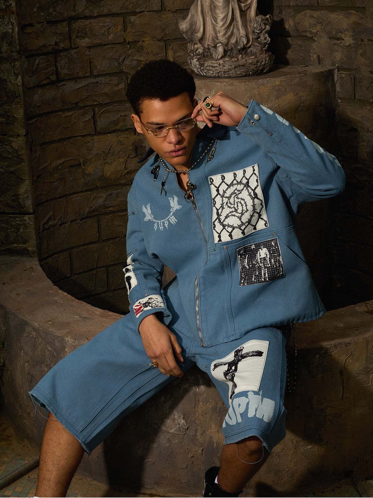 precipice Multi-Element Appliqué Patchwork Denim Suit - 2593