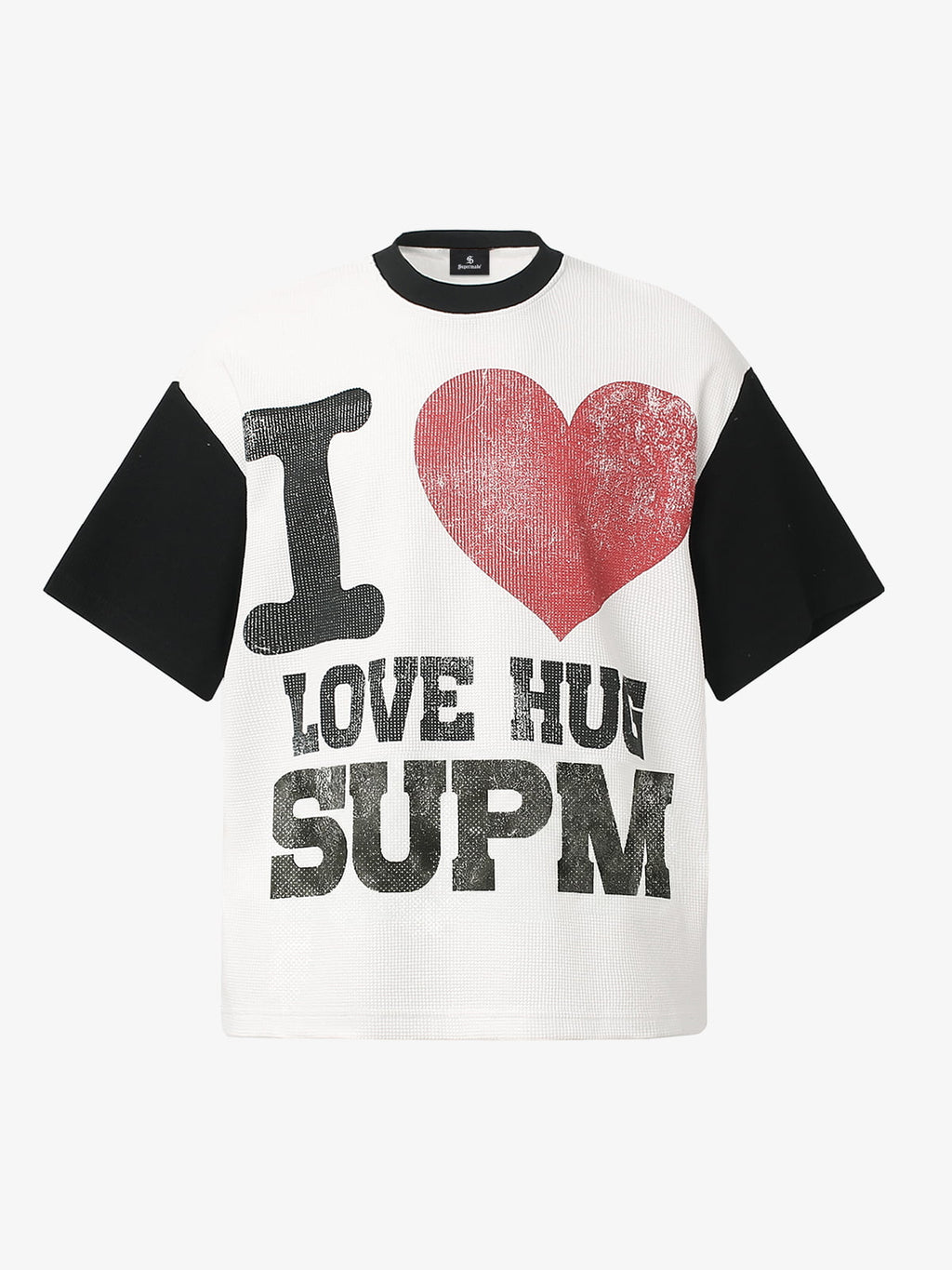 Heart Slogan Graphic Contrast Sleeve Waffle Knit T-Shirt