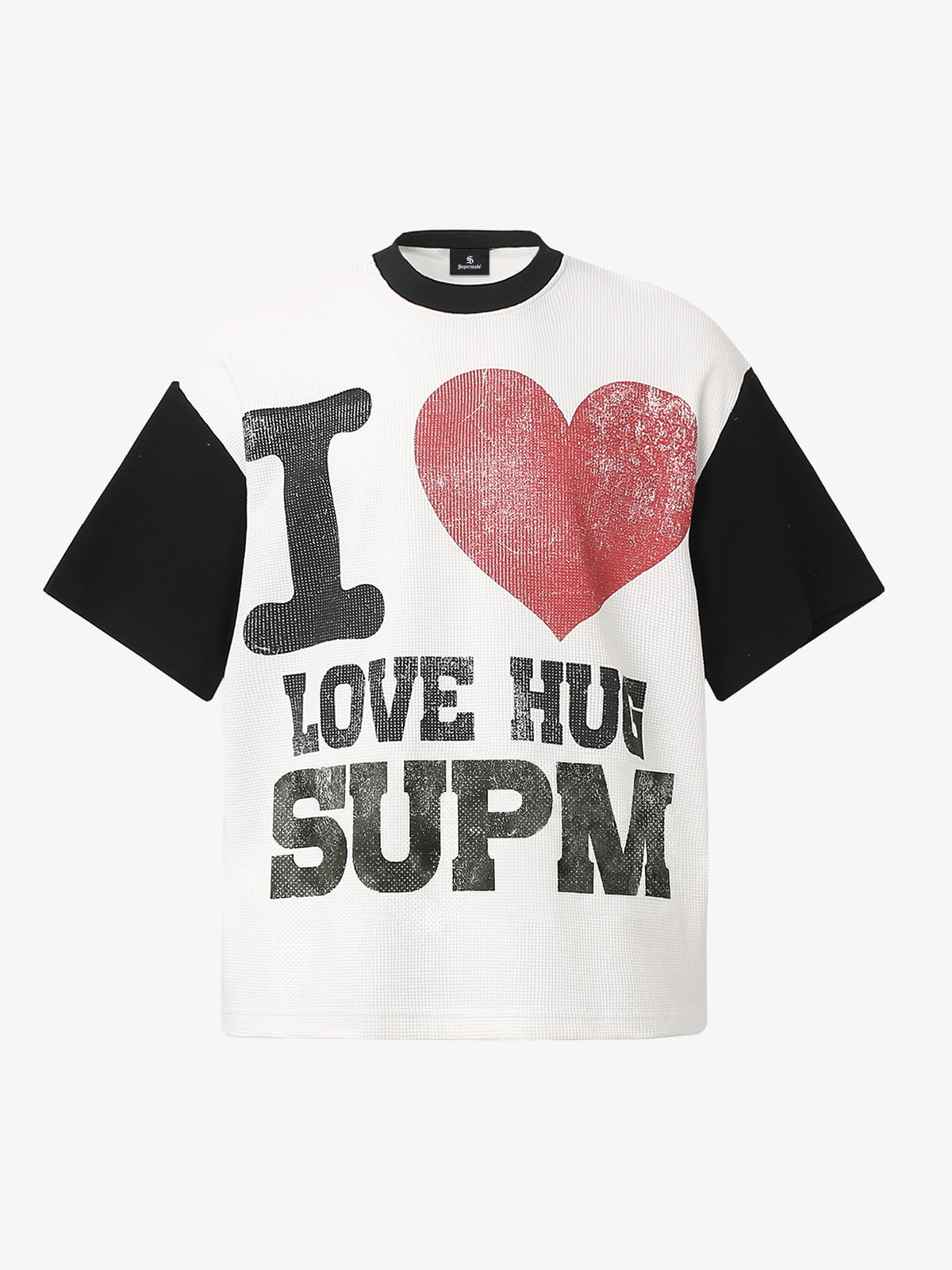 Heart Slogan Graphic Contrast Sleeve Waffle Knit T-Shirt