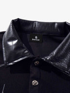 Gothic Text Print Leather Patchwork Polo T-Shirt