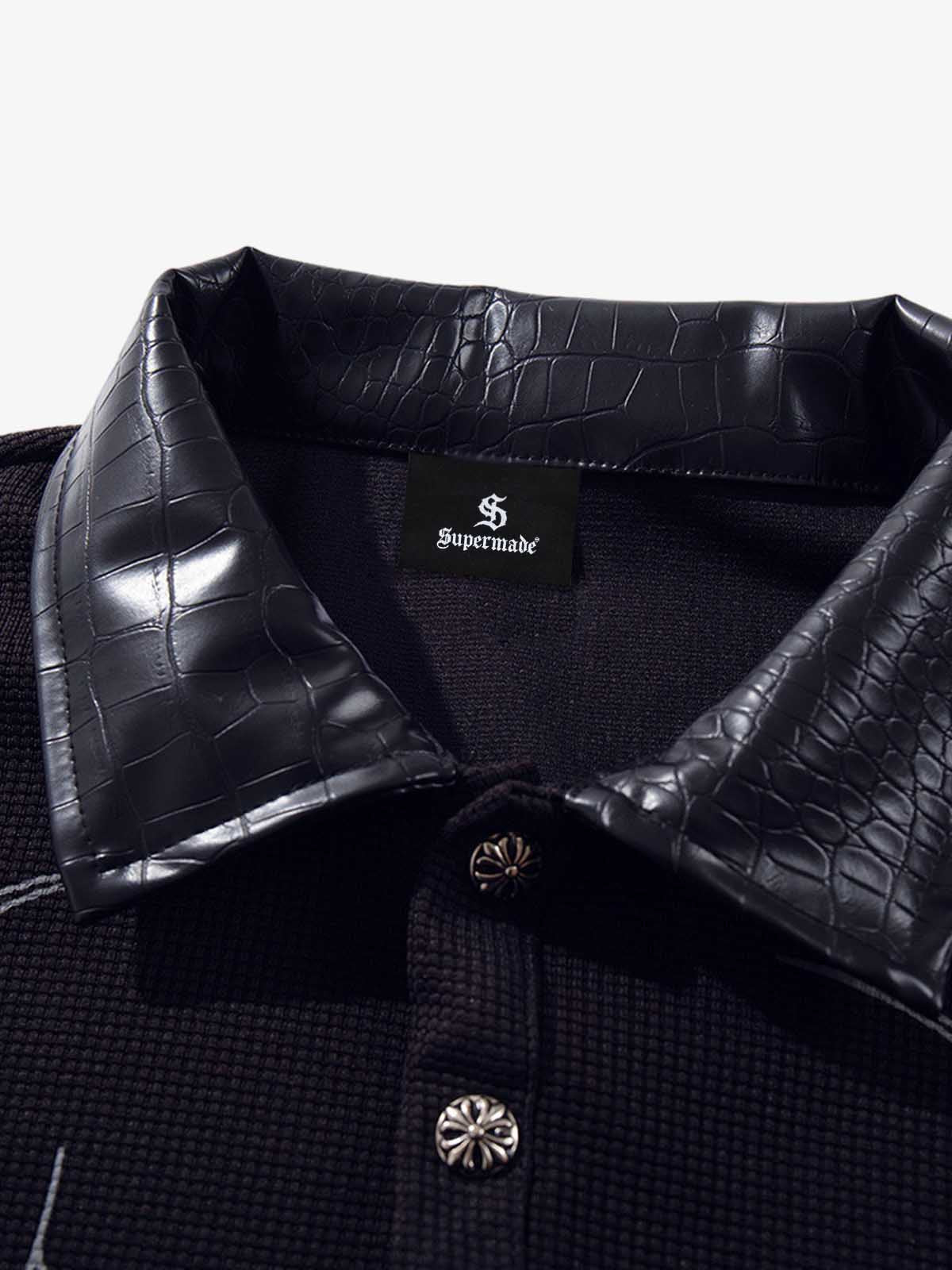 Gothic Text Print Leather Patchwork Polo T-Shirt