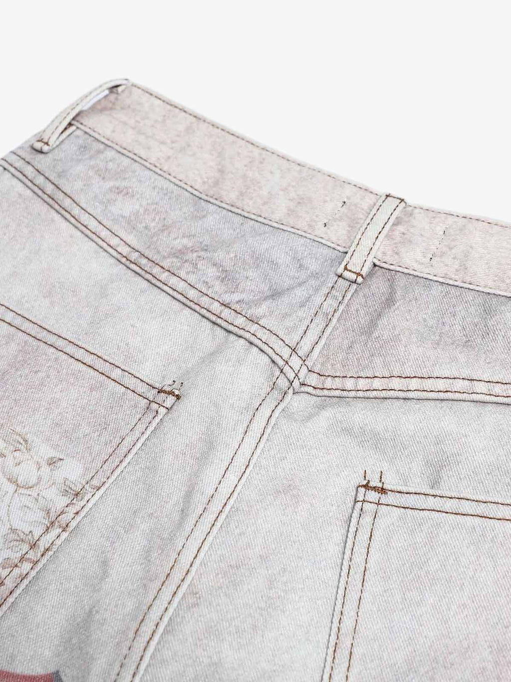 Vintage Wash Collage Print Curved Leg Denim Jeans