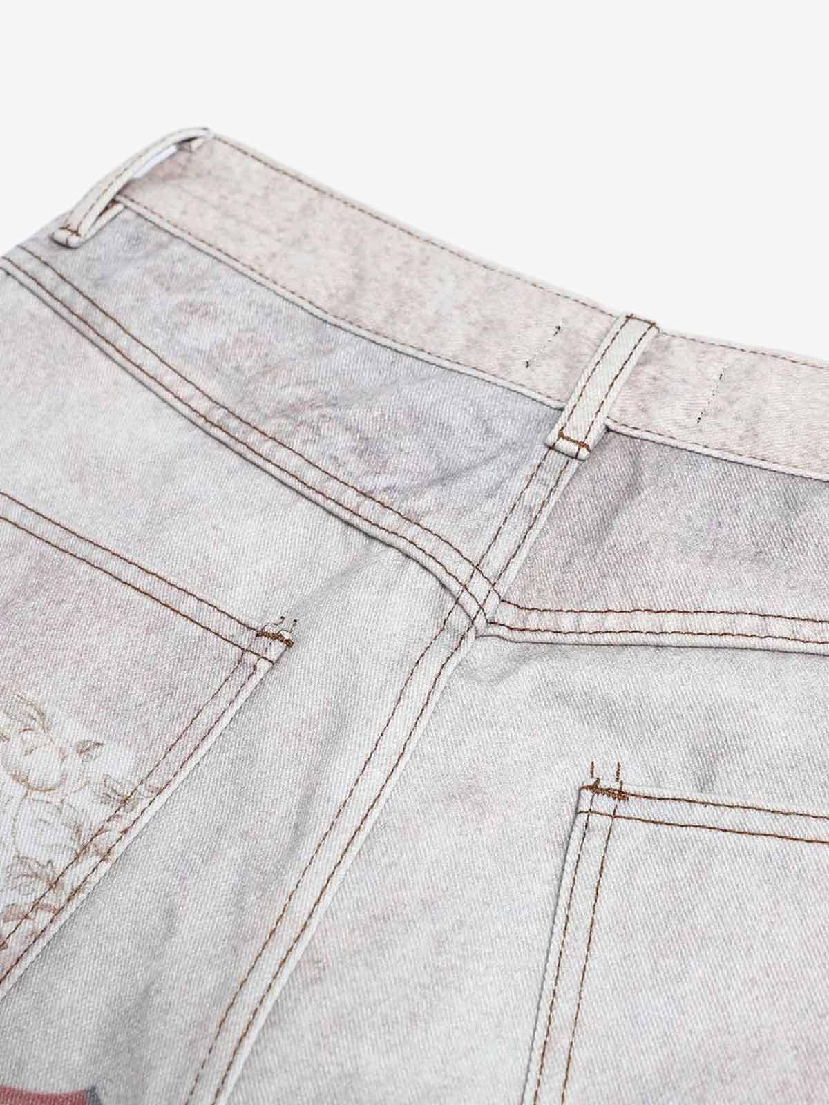 Vintage Wash Collage Print Curved Leg Denim Jeans