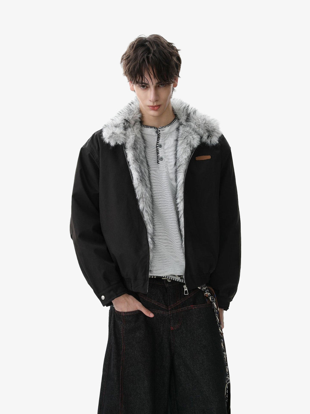 Vintage Stand Collar Fur Lined Bomber Jacket