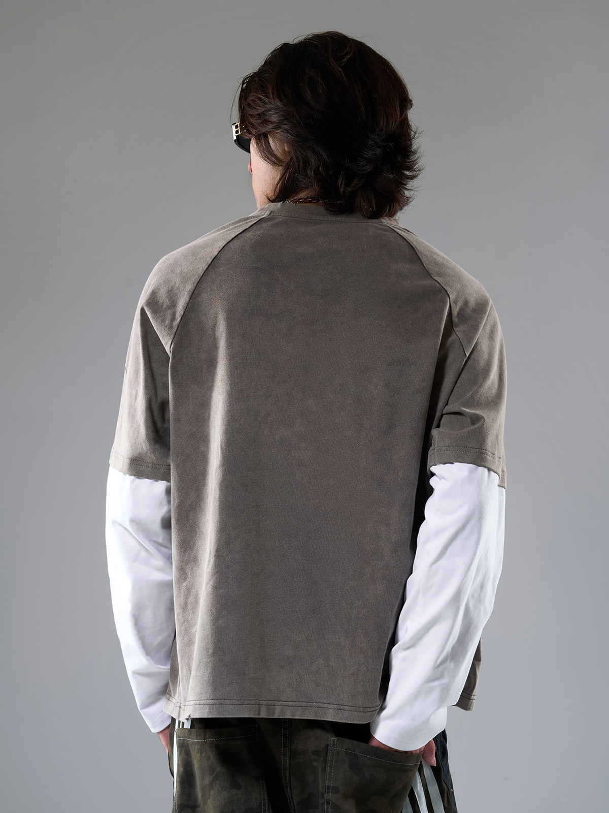 Washed Contrast Color Print Long Sleeve Cotton T-shirt