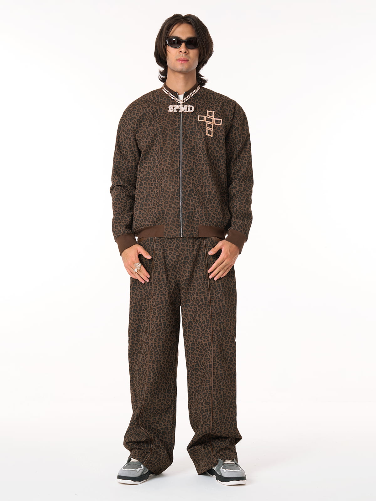 SUPM Graffiti Print Leather Leopard Print Baggy Pants