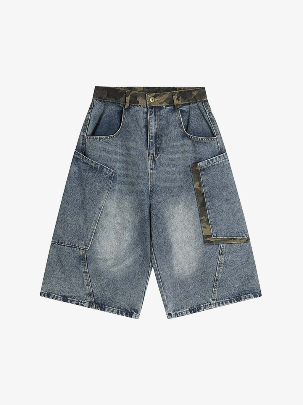 Denim Camouflage Patchwork Cargo Jorts