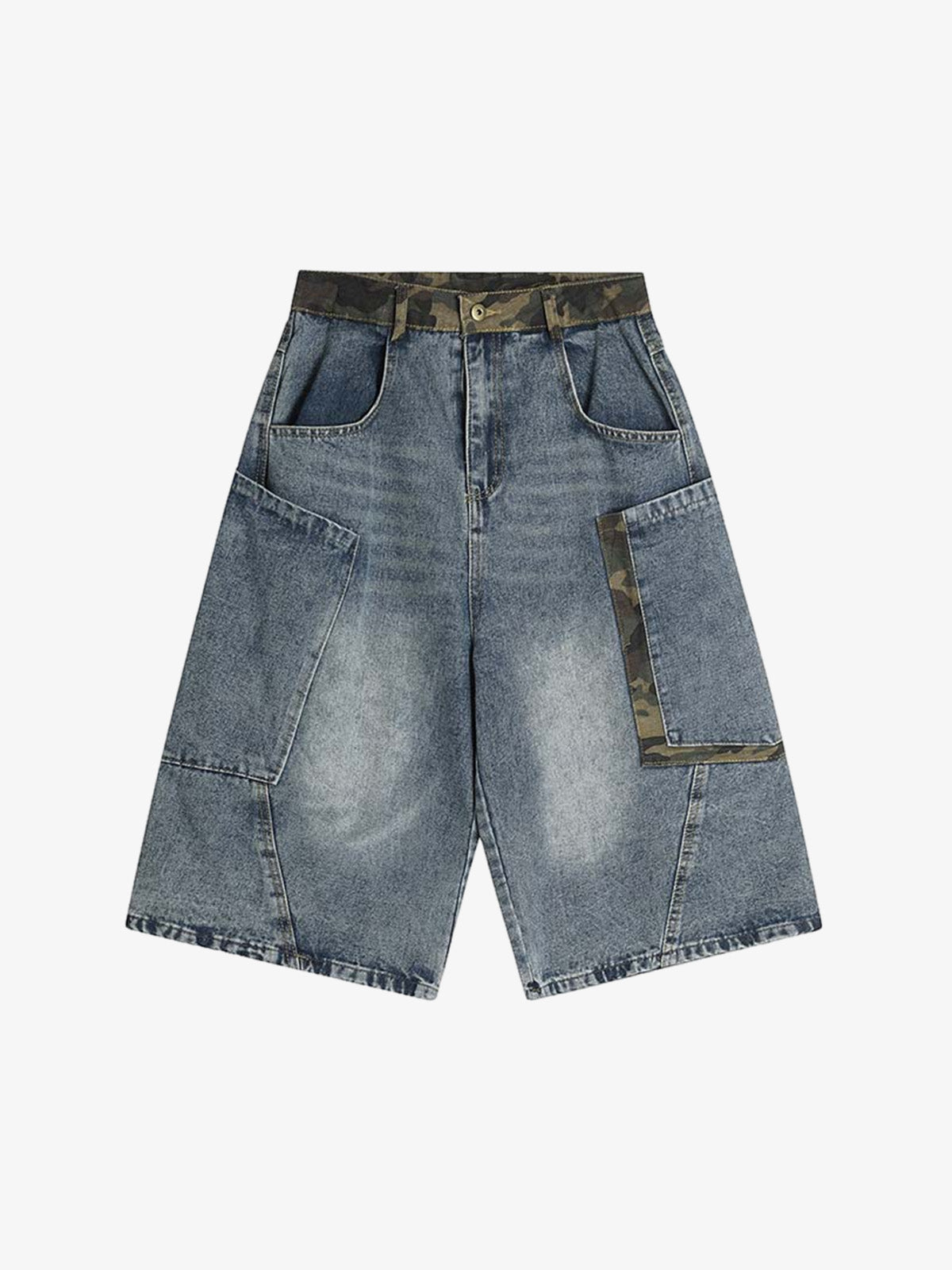 Denim Camouflage Patchwork Cargo Jorts