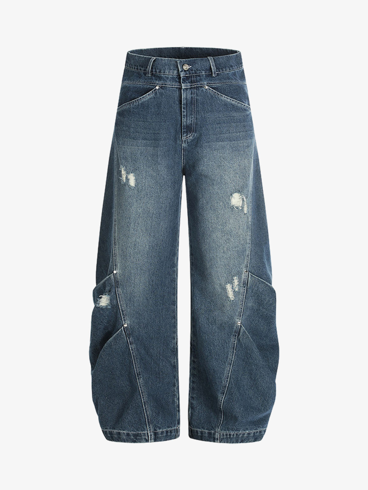 Deconstructed Pleated Ripped Blade Cut Jeans