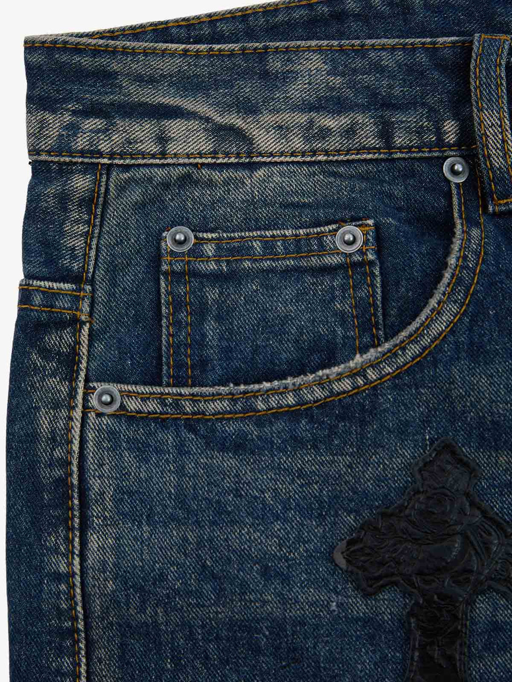 Distressed Cross Patchwork Washed Baggy Jeans