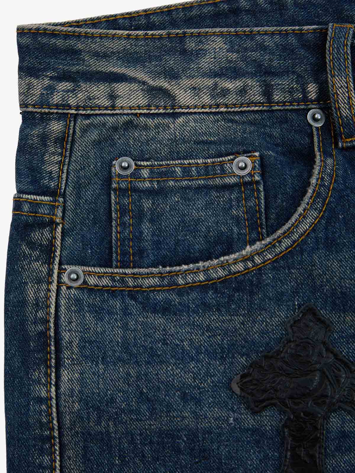Distressed Cross Patchwork Washed Baggy Jeans