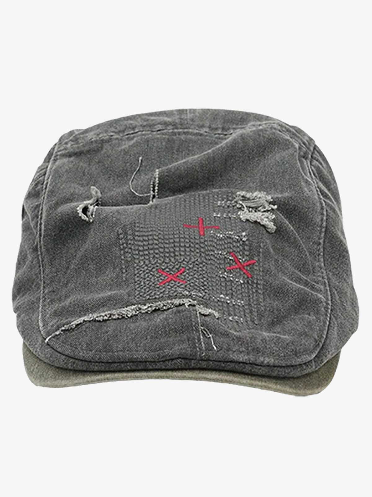 Distressed Patchwork Embroidered Cotton Flat Cap