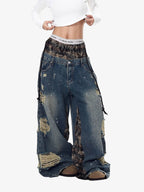 Distressed Plaid Layered Drawstring Wide Leg Jeans