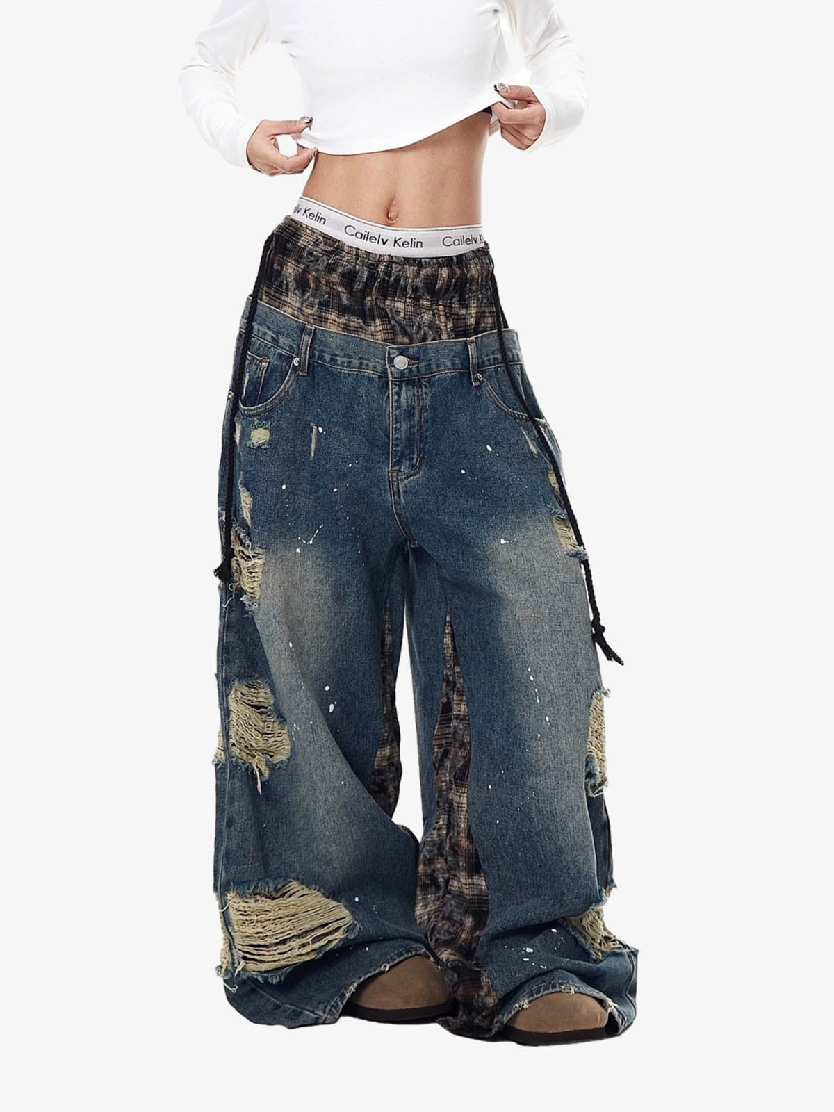 Distressed Plaid Layered Drawstring Wide Leg Jeans