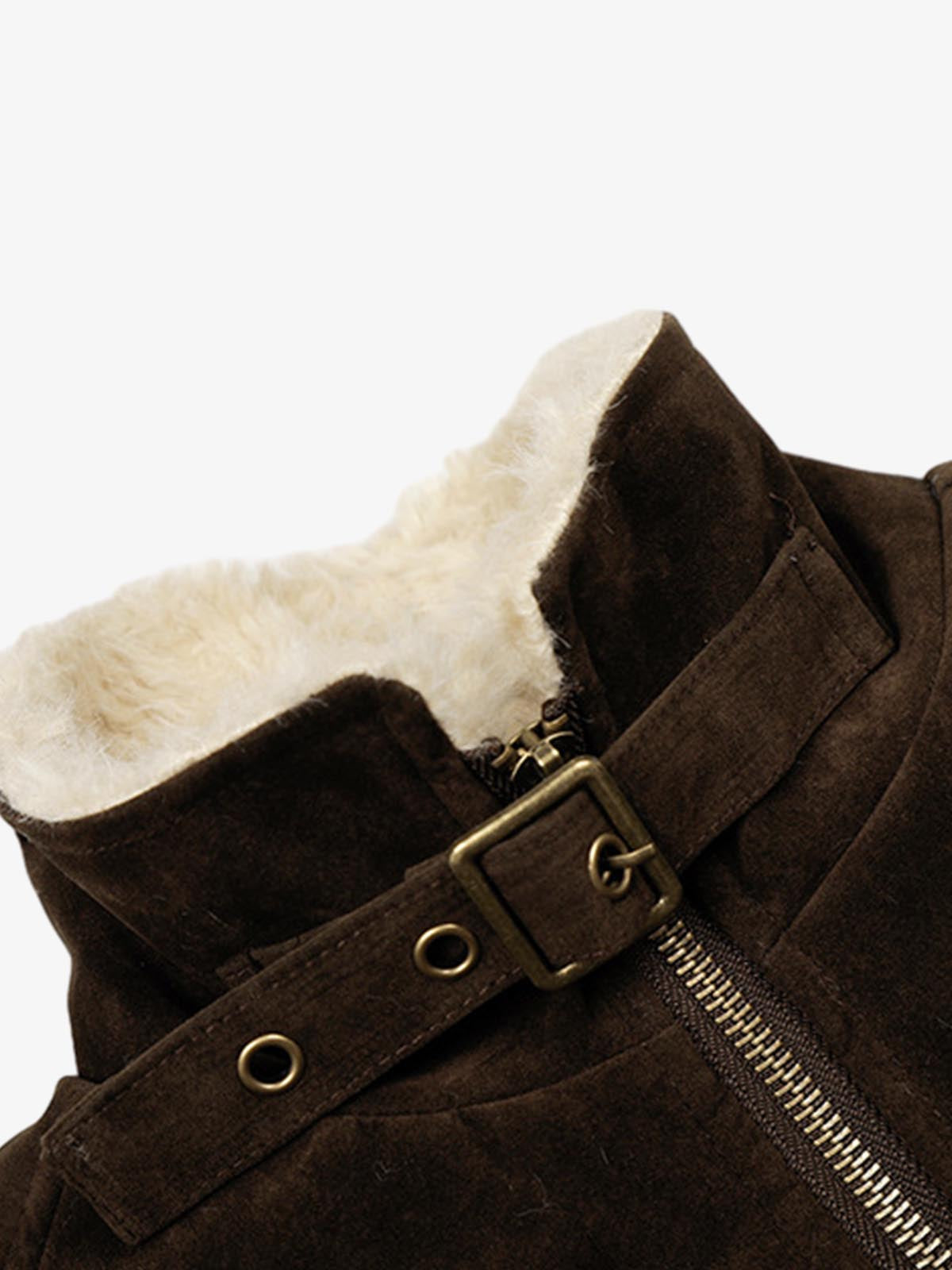 Utility Faux Shearling Collar Suede Look Zip Up Jacket