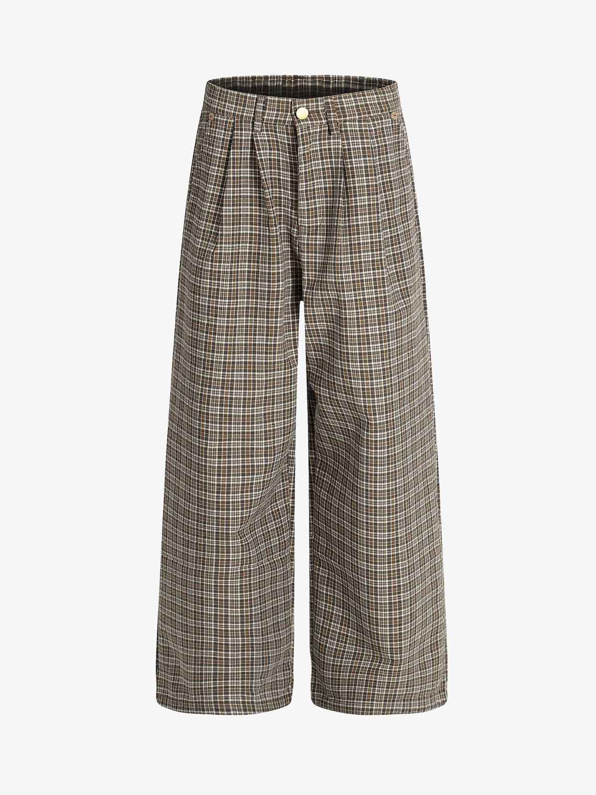 Vintage Plaid Pleated Wide Leg Pants