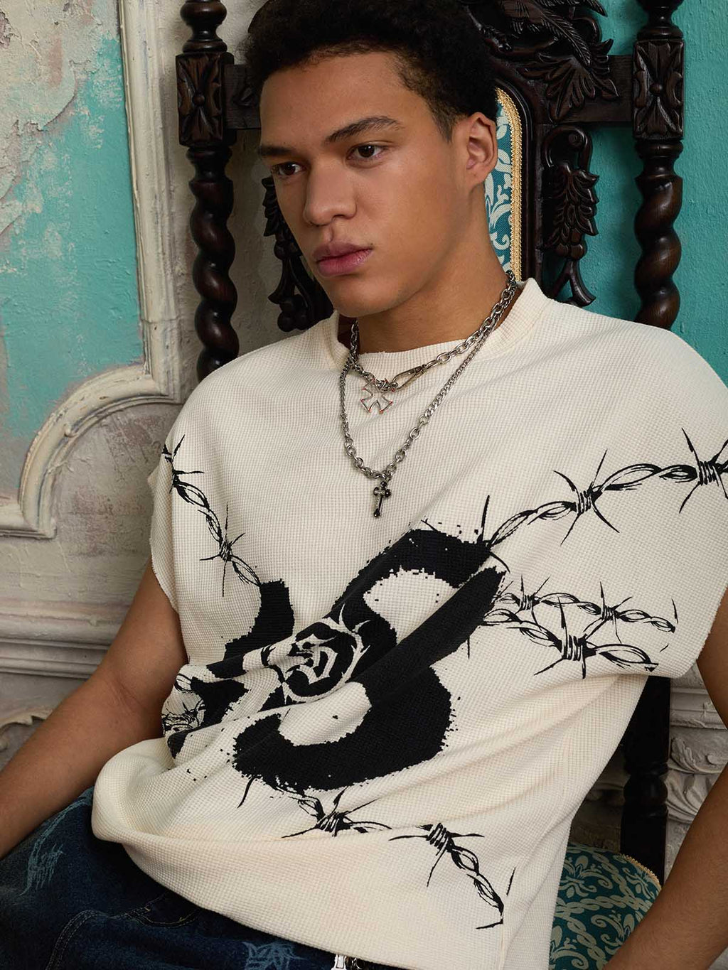 Waffle Thorn Print Sleeveless T-Shirt
