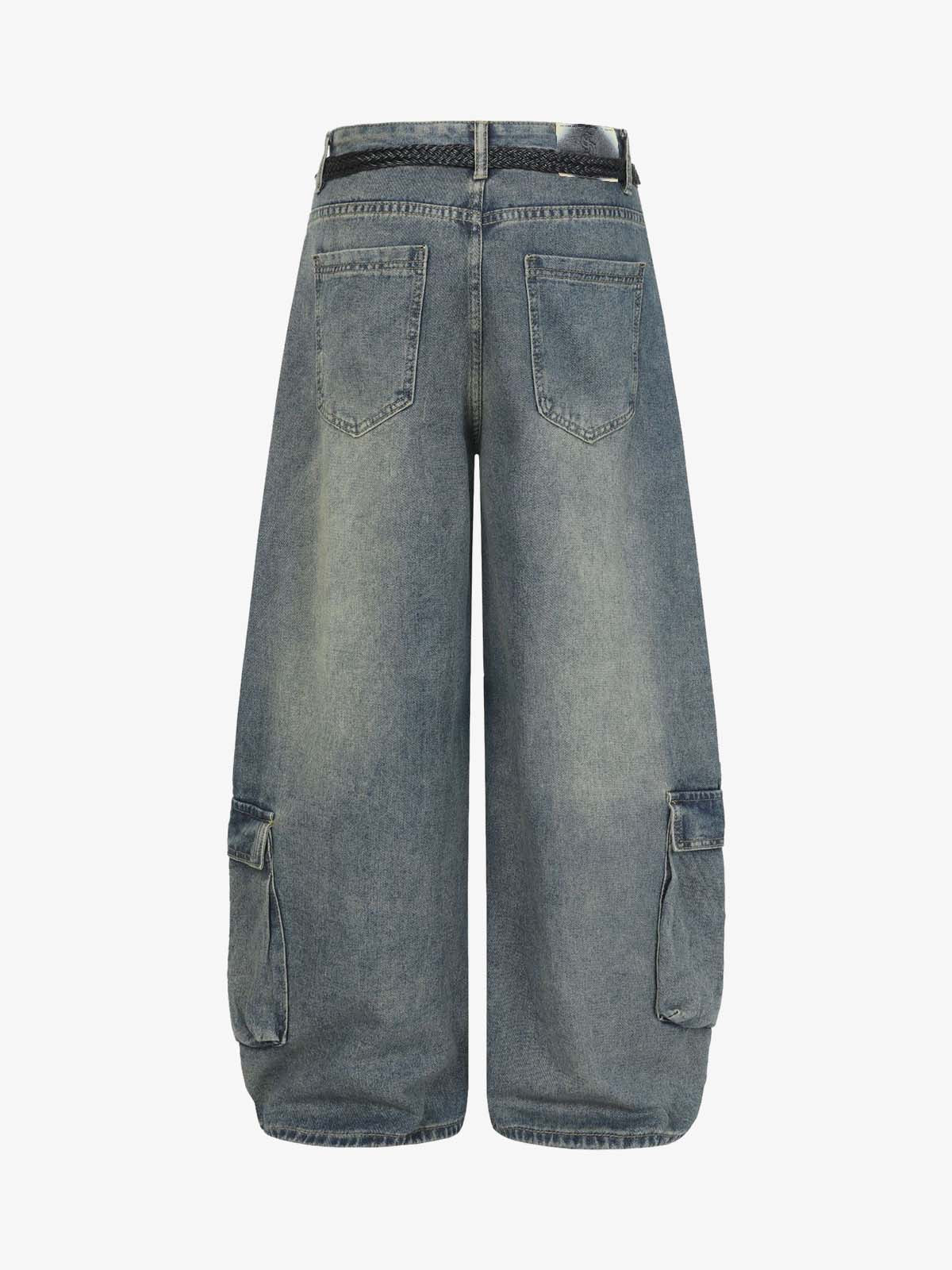 Braided Drawstring Waist Patchwork Cargo Jeans