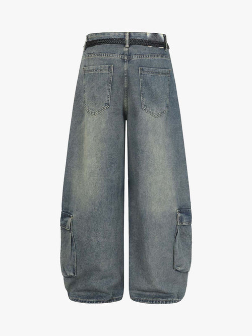 Braided Drawstring Waist Patchwork Cargo Jeans