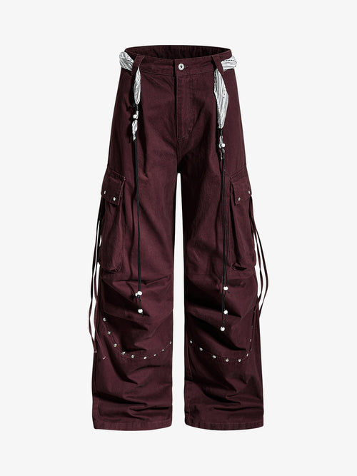 Bandana Waist Strap Multi-Pocket Cotton Cargo Pants