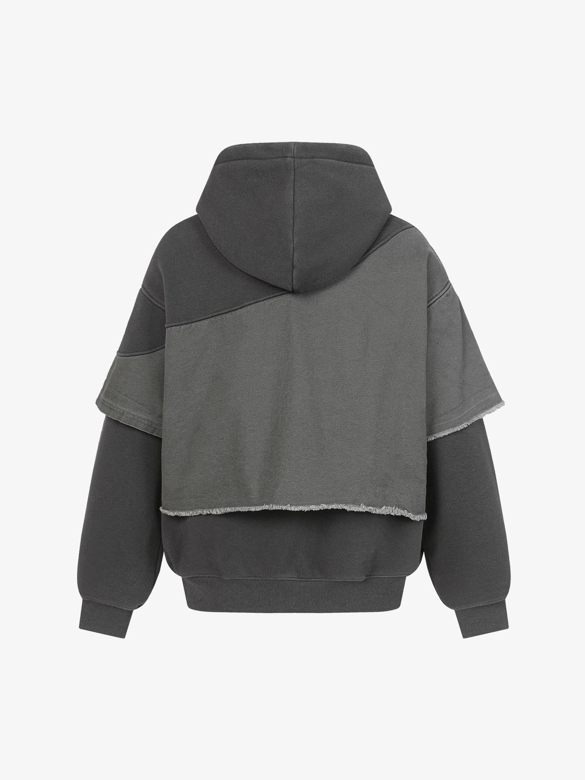 Distressed Patchwork Raw-Edge Layered-Hem Fleece Hoodie