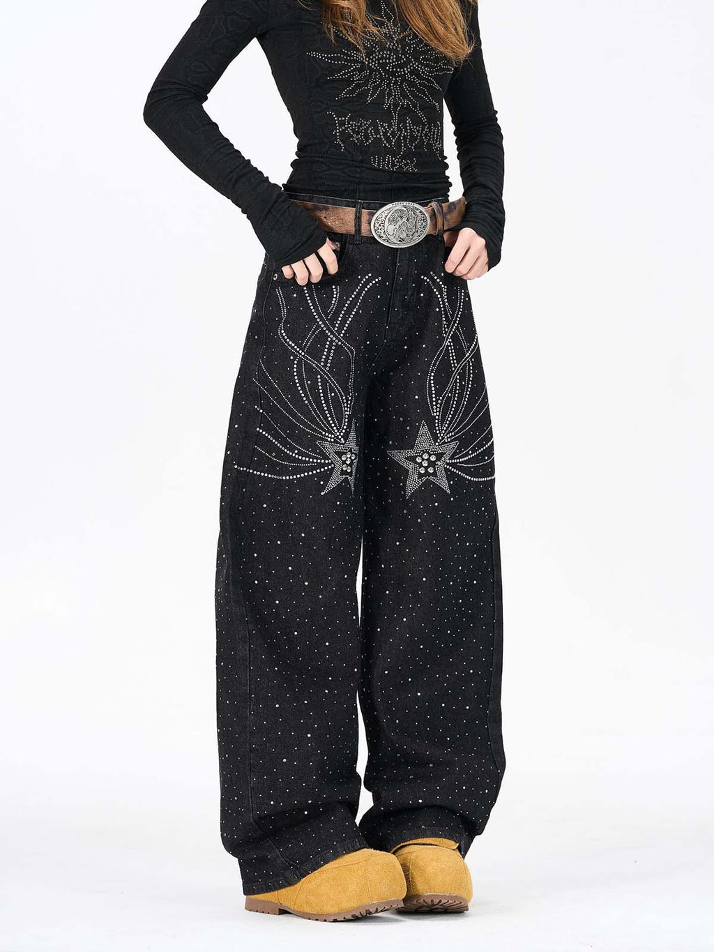 Star Rhinestone Embellished Baggy Jeans
