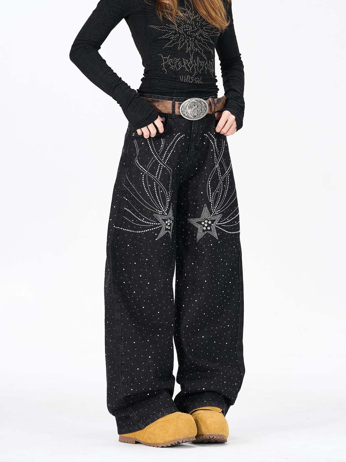 Star Rhinestone Embellished Baggy Jeans
