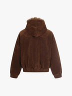Streetwear Metal Clip Faux Fur Hooded Suede Bomber Jacket - 2597