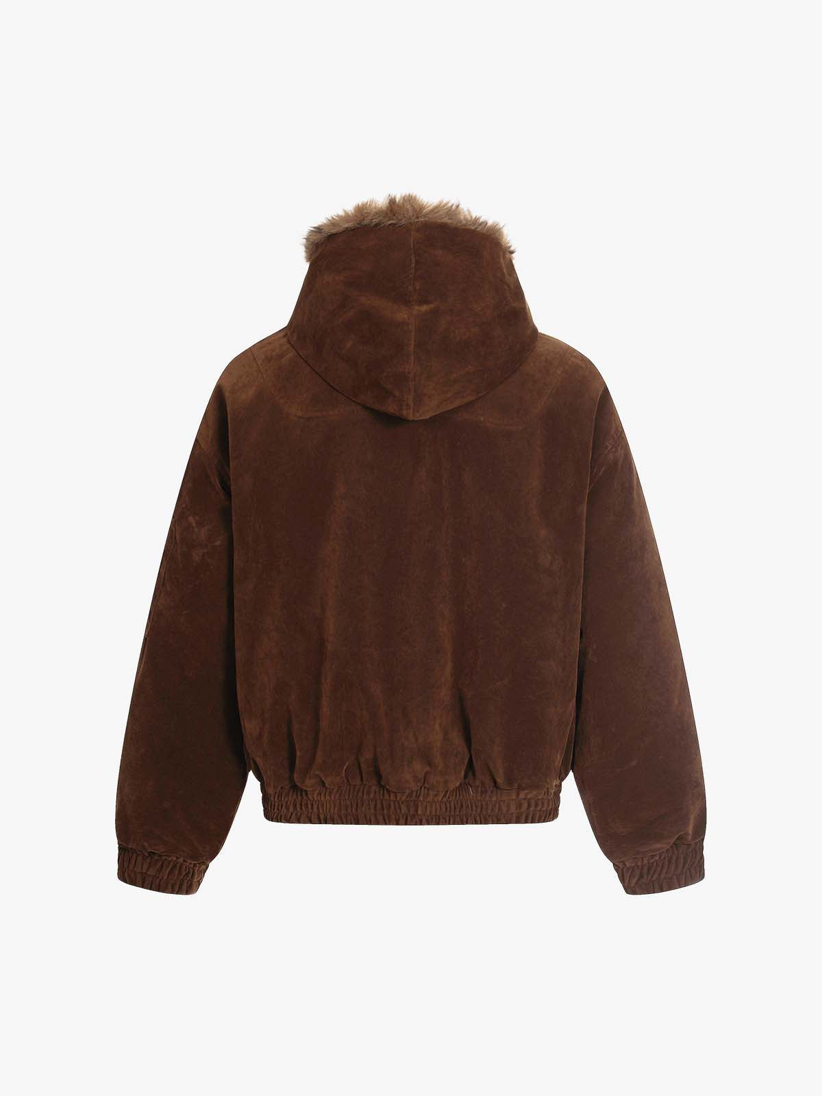 Streetwear Metal Clip Faux Fur Hooded Suede Bomber Jacket - 2597