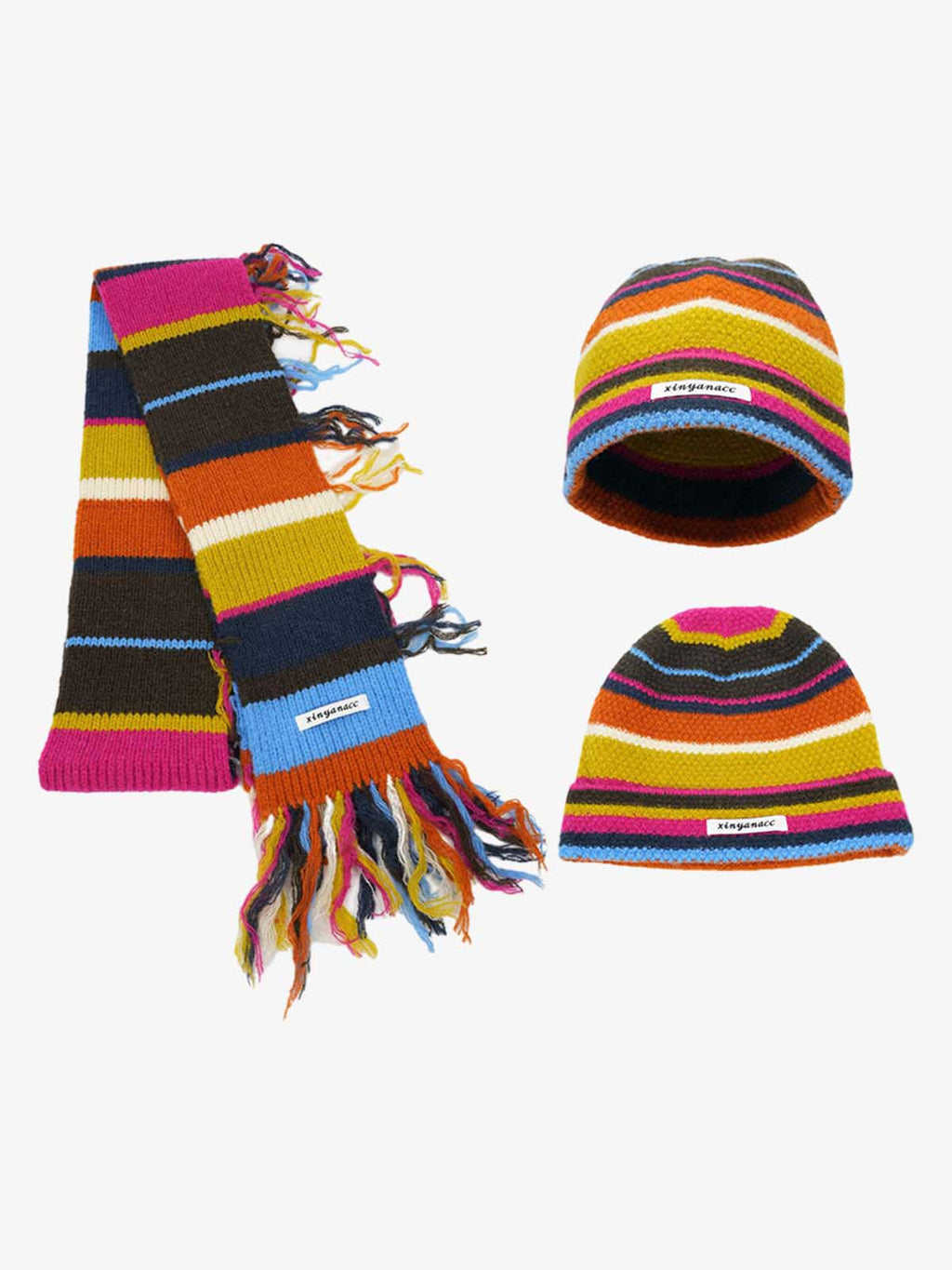 Retro Multicolor Striped Knit Beanie Scarf Set