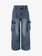 Retro Washed Cargo Multi-Pocket Straight Jeans