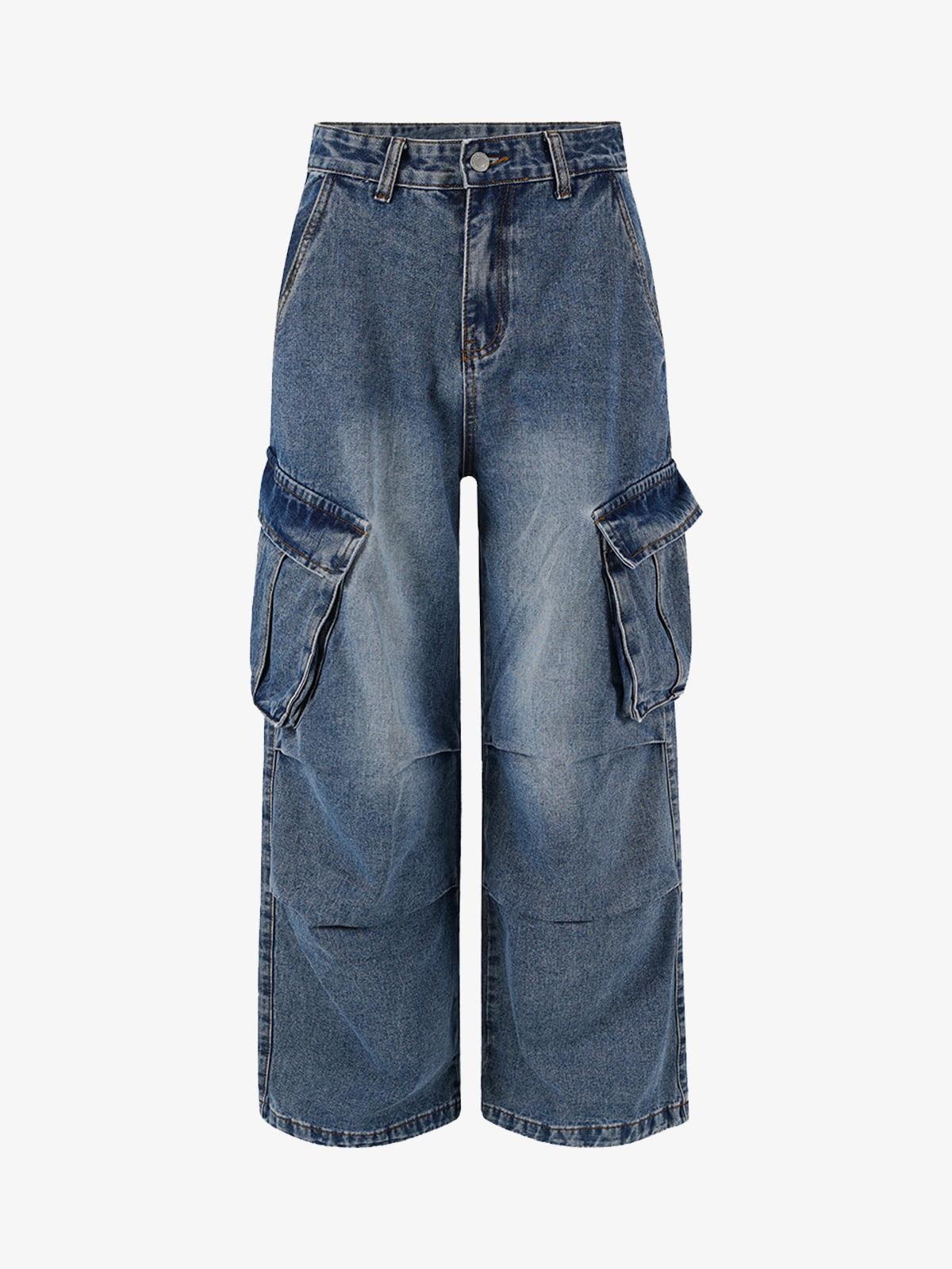 Retro Washed Cargo Multi-Pocket Straight Jeans