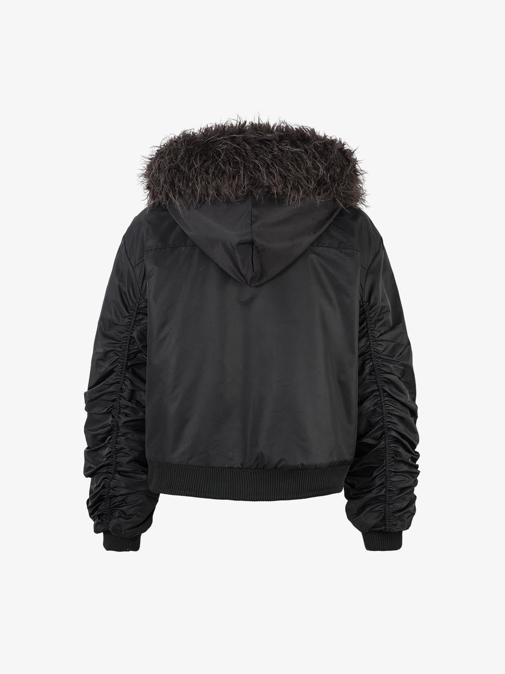 Detachable Faux Fur Collar Ruched Sleeve Bomber Jacket