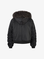 Detachable Faux Fur Collar Ruched Sleeve Bomber Jacket