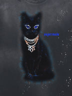 Splatter Design Chain Black Cat Graphic T-Shirt