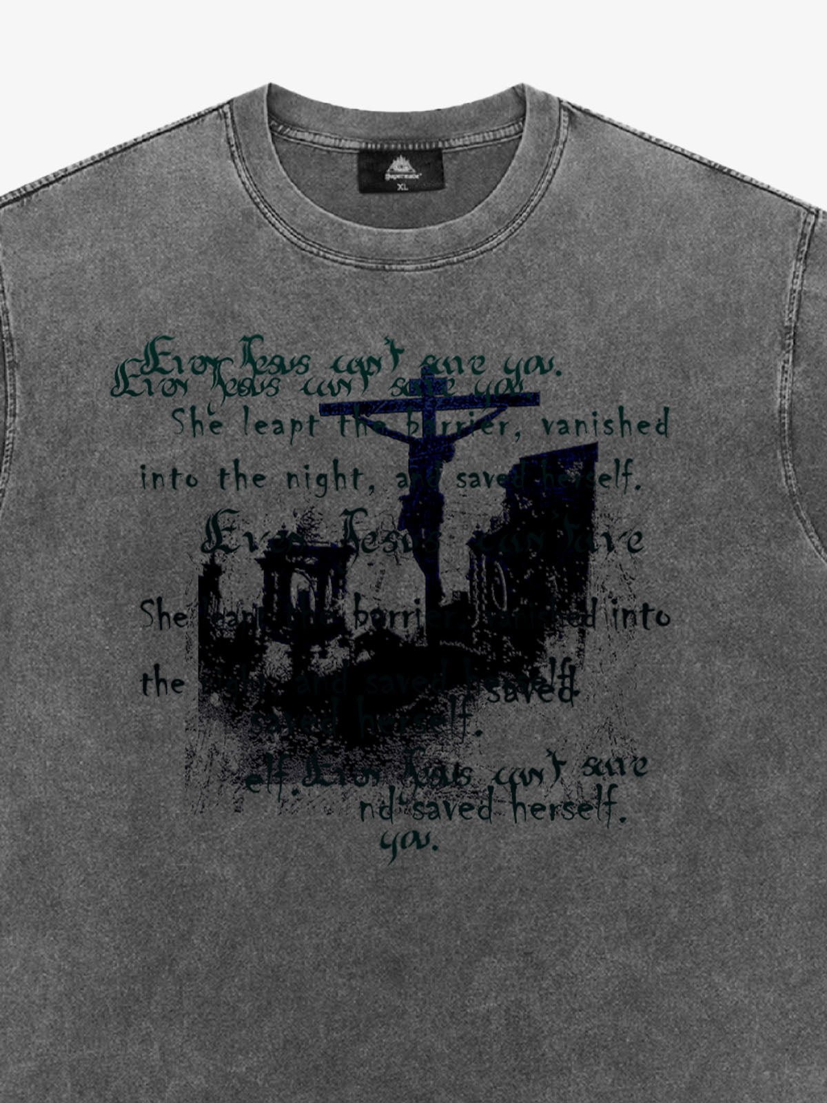 Washed Cross Overlay Text Graphic T-Shirt