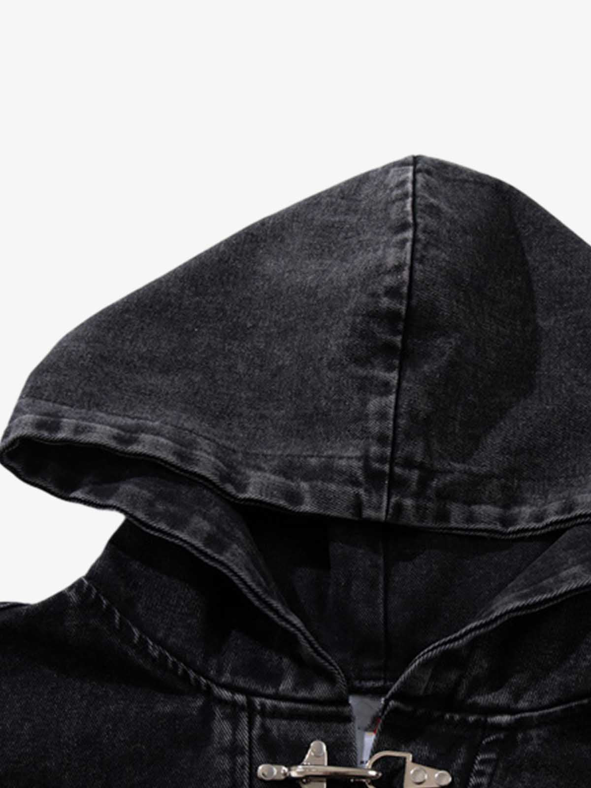 Vintage Washed Denim Metal Toggle Detail Pullover Hoodie