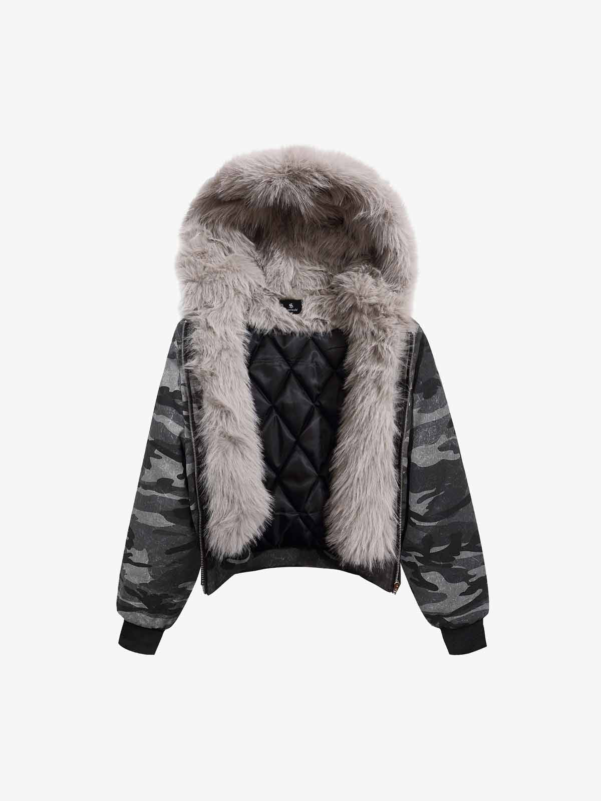 Vintage Camo Faux Fur Hood Padded Bomber Jacket