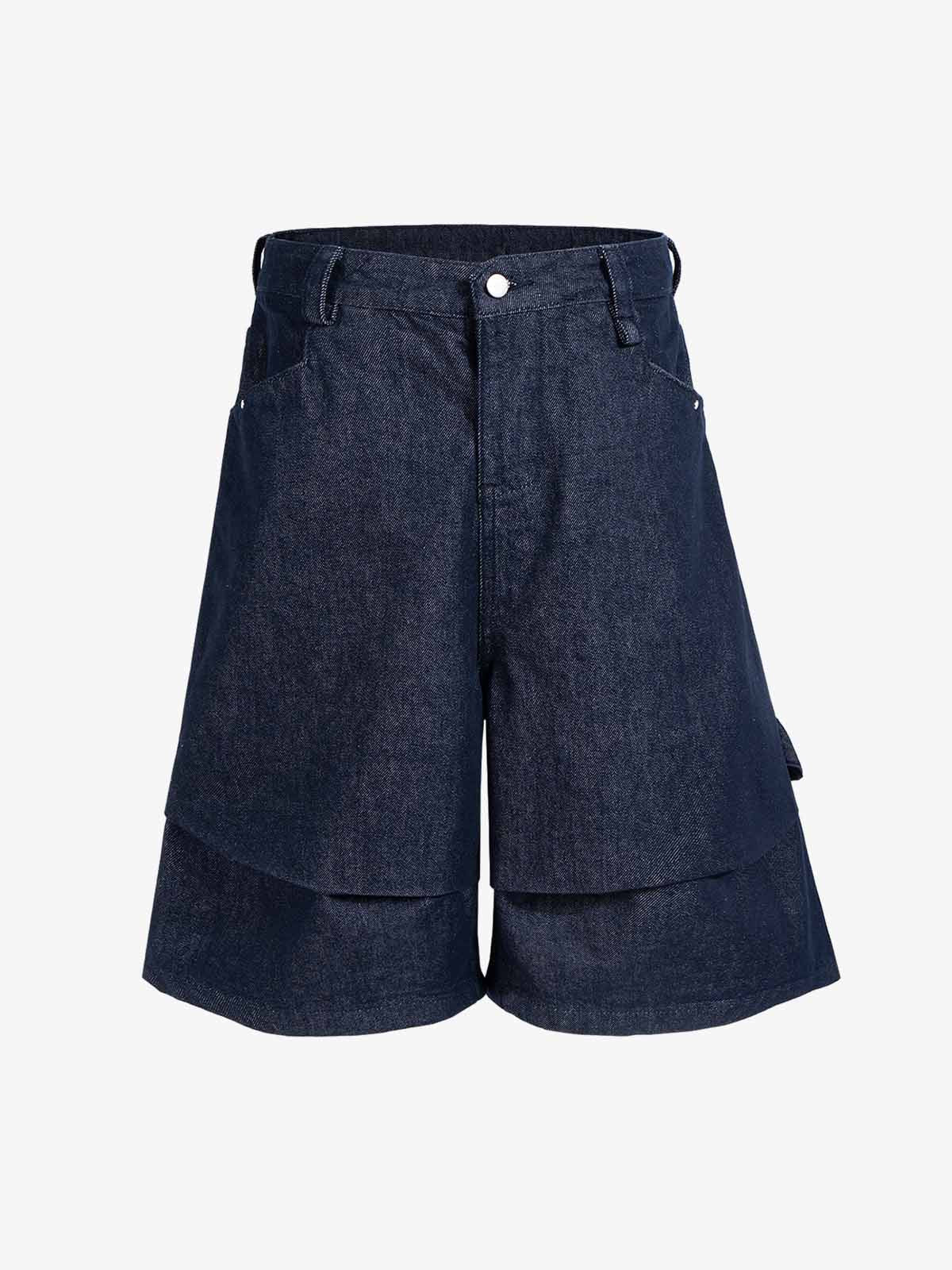 Pleated Panel Patchwork Denim Shorts