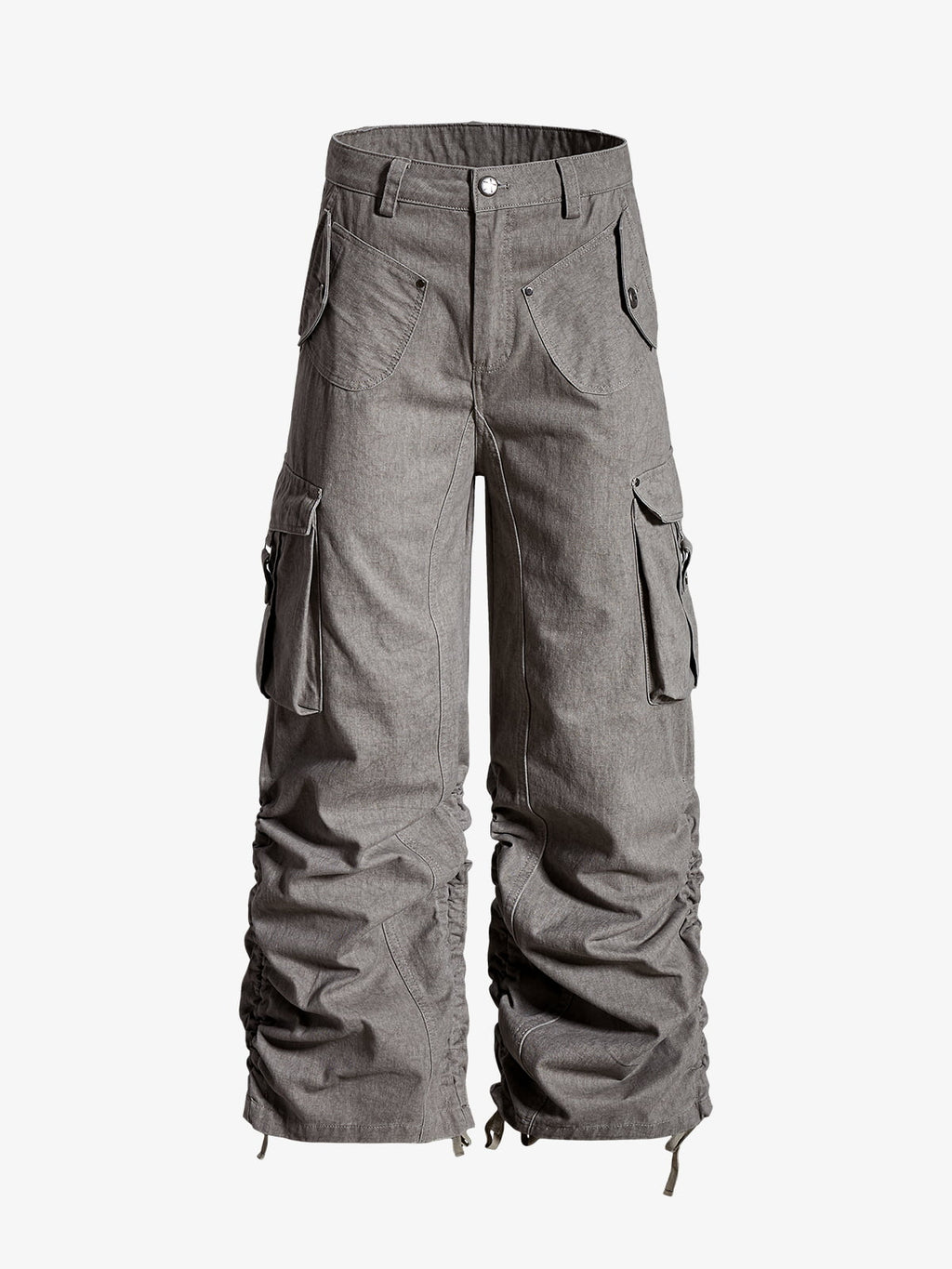 Washed Cotton Multi-Pocket Ruched Cargo Pants