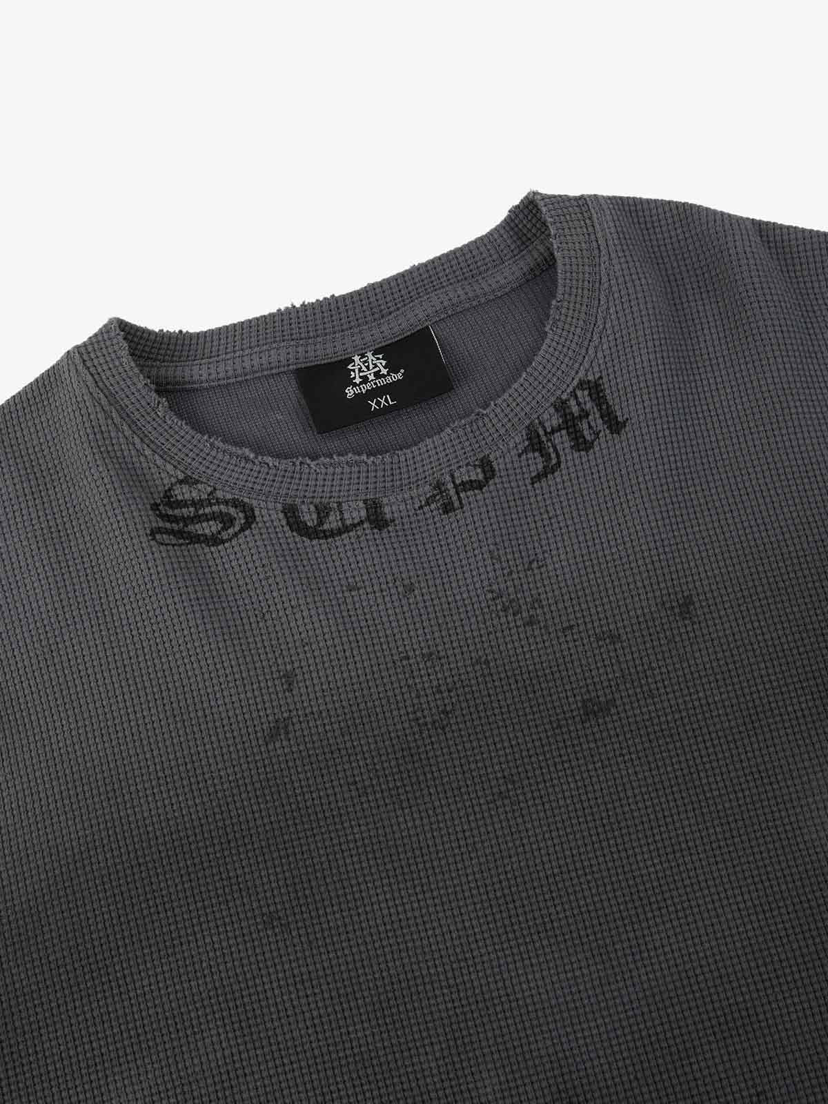 Waffle-Knit Distressed Gradient Print Long T-Shirt