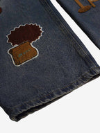 Retro Cartoon Graphic Heavy Embroidery Barrel Jeans - 2562