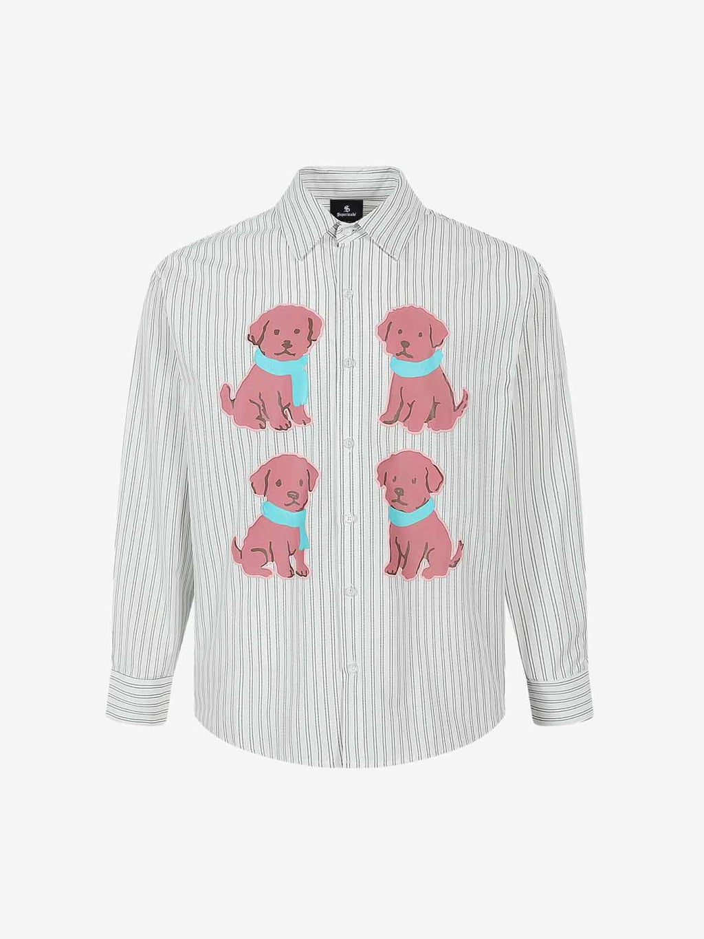 Striped Puppy Graphic Cotton Linen Shirt