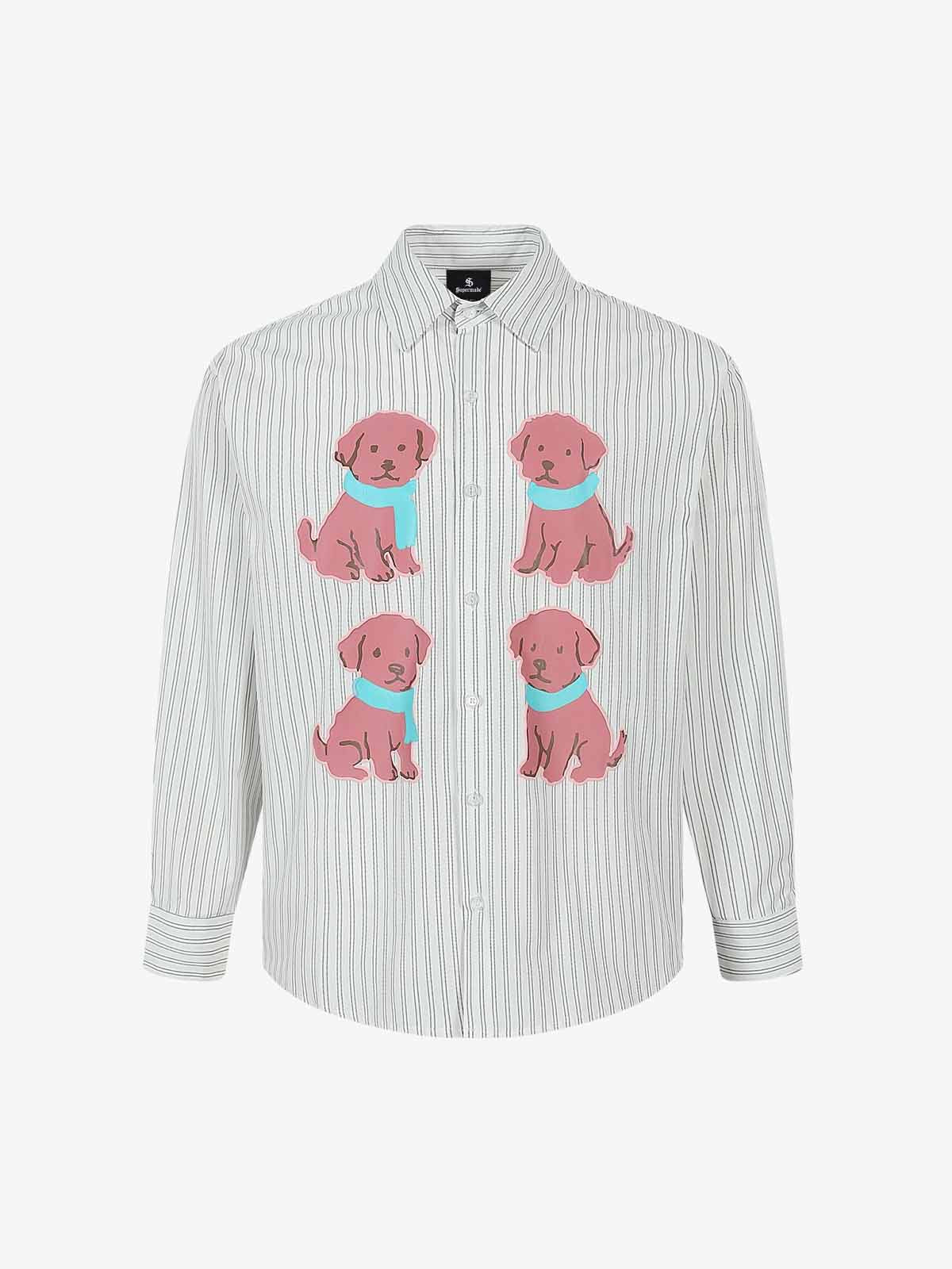 Striped Puppy Graphic Cotton Linen Shirt
