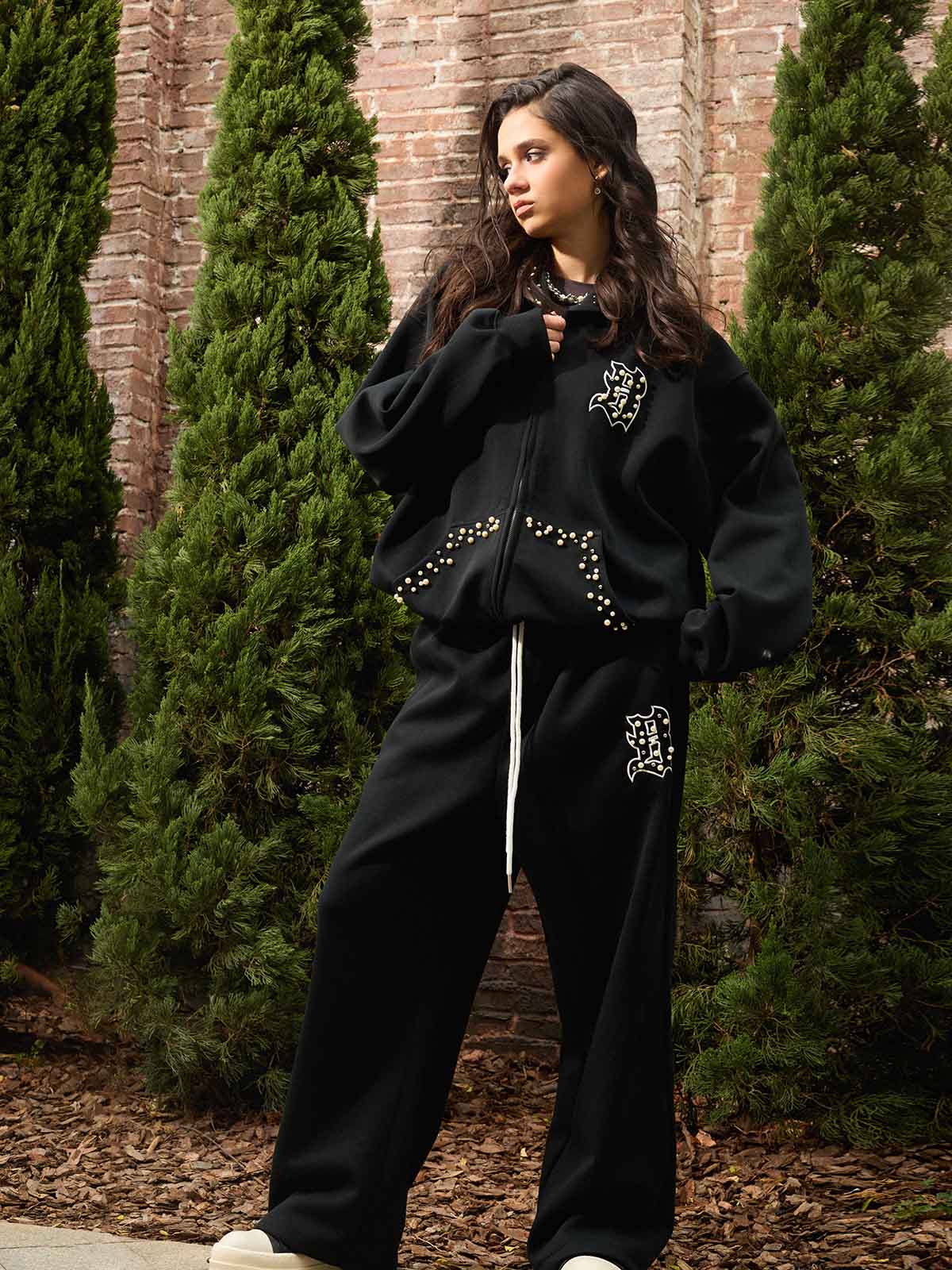 precipice Pearl Embellished Zip Up Set - 2596