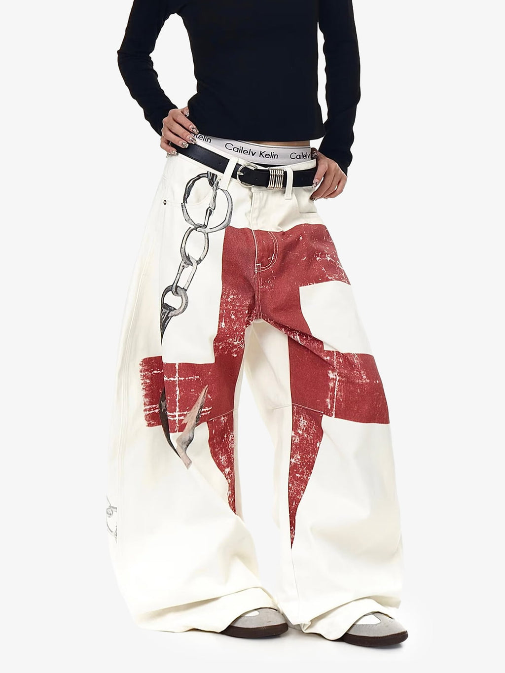 Vintage Distressed Chain Print Oversized Canvas Baggy Pants