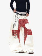 Vintage Distressed Chain Print Oversized Canvas Baggy Pants