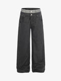 Vintage Washed Layered Waist Wide Leg Denim Jeans
